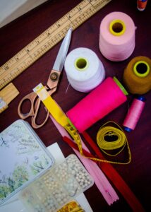 sewing thread, scissors, ruler, 